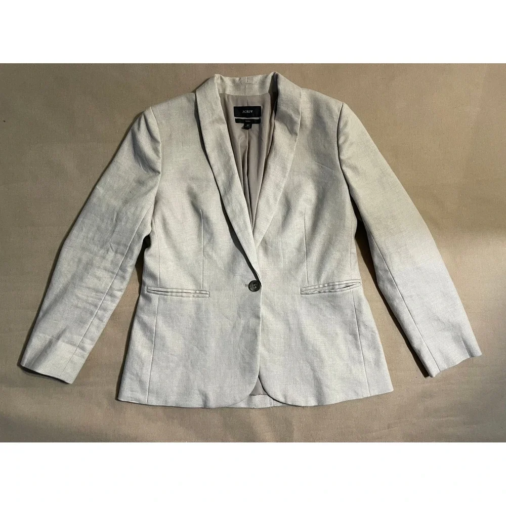 J Crew Linen Suit Set Women's Size 8P Cream Blazer and Size 6P Pants